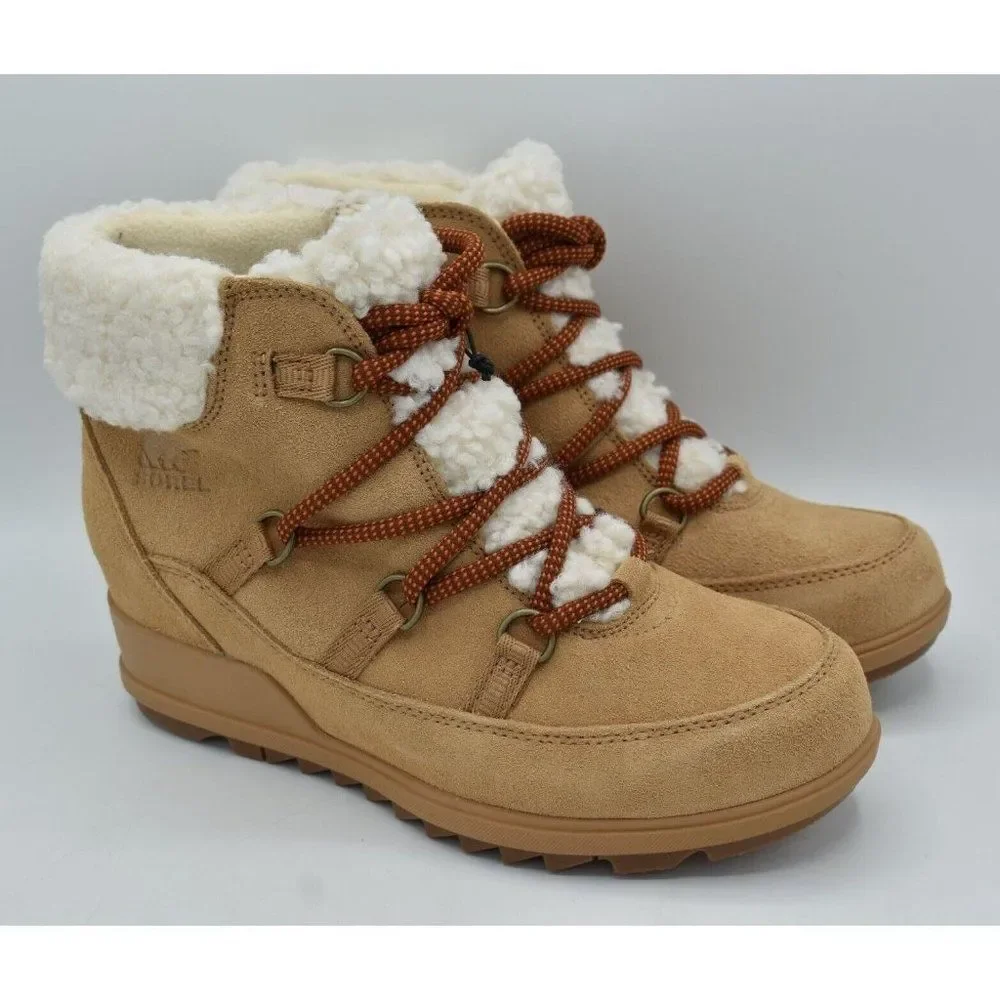 Sorel‎ Womens Size 9.5 Evie Cozy Lace-Up Wedge Tawny Buff Suede Waterproof Boots